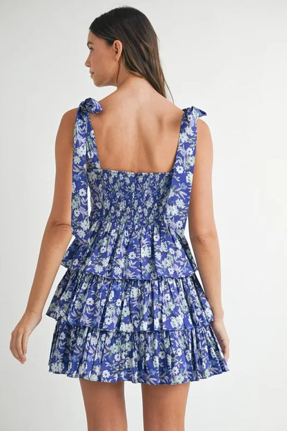Floral Print Shoulder Tie Layered Mini Dress - Royal Blue - product view 6