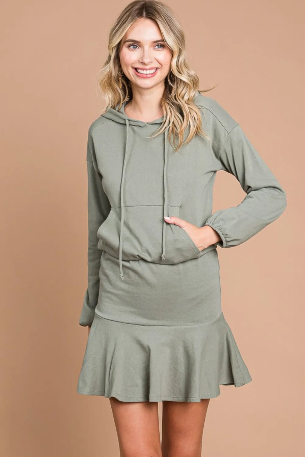 Full Size Drawstring Dropped Shoulder Hooded Mini Dress in Fadeolive - product view 3