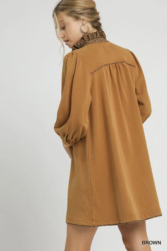 French Terry Balloon Sleeve Shift Dress with Leopard Print Detail - Brown - product view 2