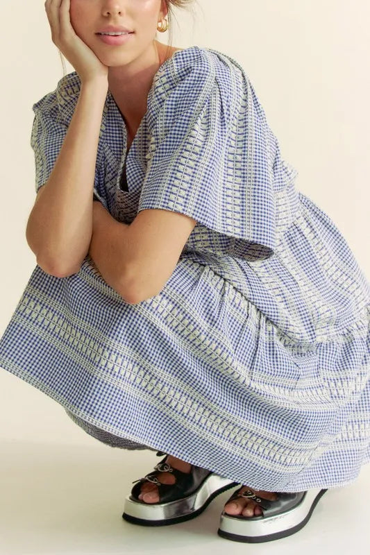 Embroidered Stripe Ruffled Gingham Mini Dress in Navy Blue - product view 8