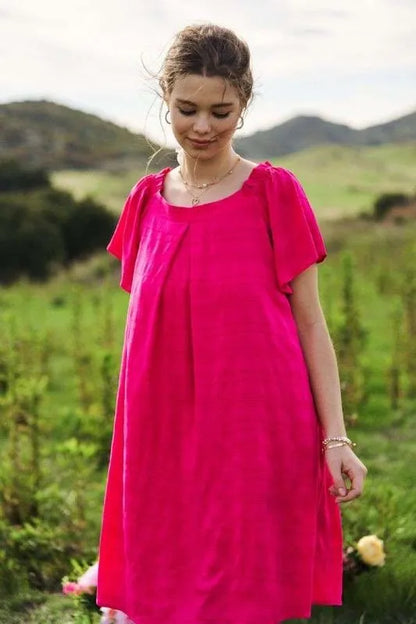 Textured Ruffle Boat Neck Shift Dress in Fuchsia - product view 5