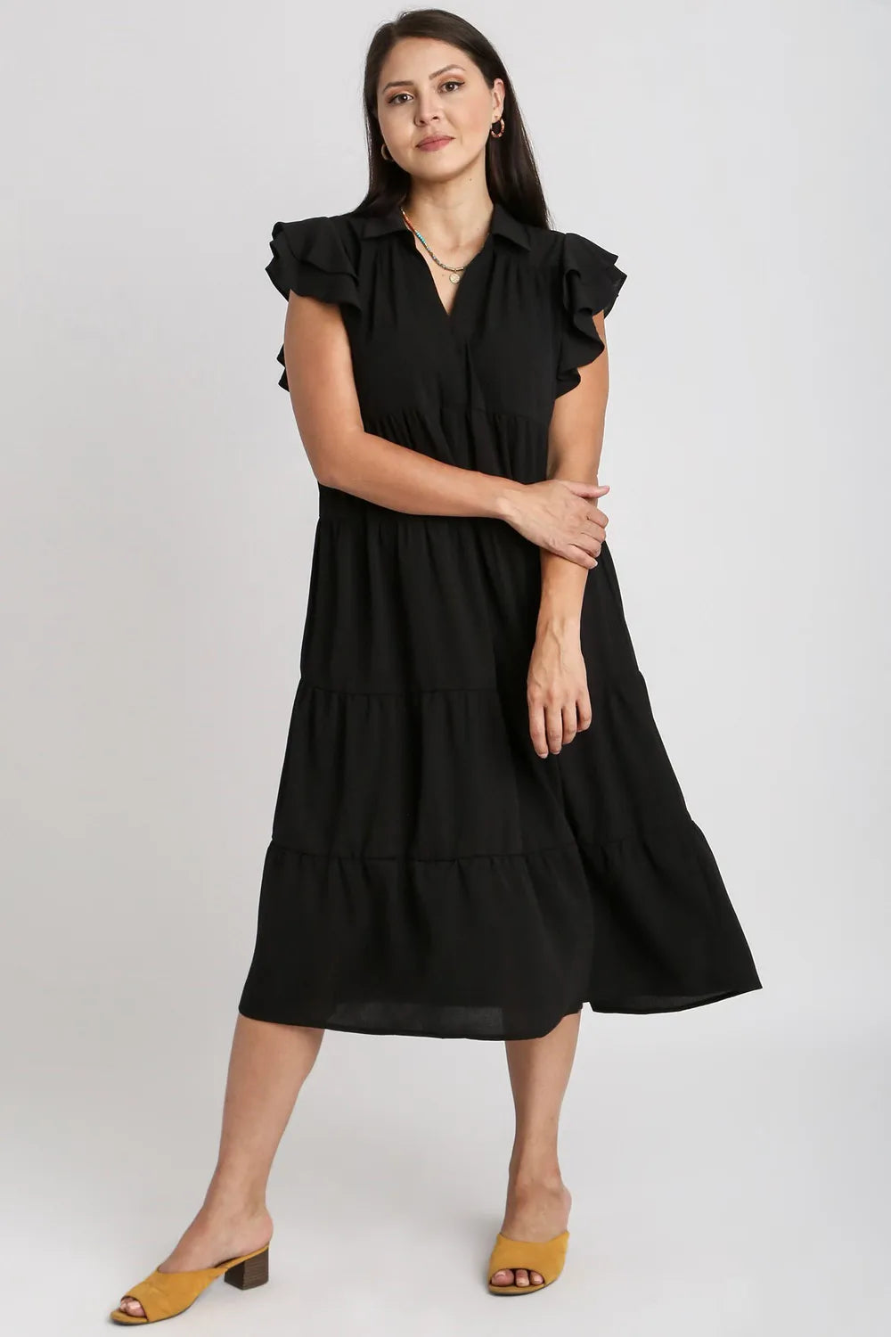 Full Size Johnny Collar Ruffle Cap Sleeve Tiered Dress Plus Size - Black - Umgee USA - Style 41519 - product view 3
