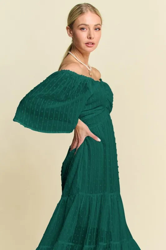 Swiss Dotted Ruched Ruffle Open Back Midi Dress in Forest Green - product view 6