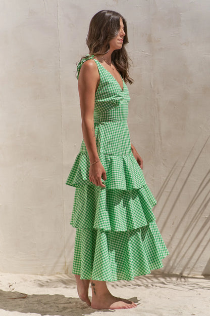 Full Size Sleeveless Gingham Print Tiered Midi Dress Plus Size in Green - product view 3