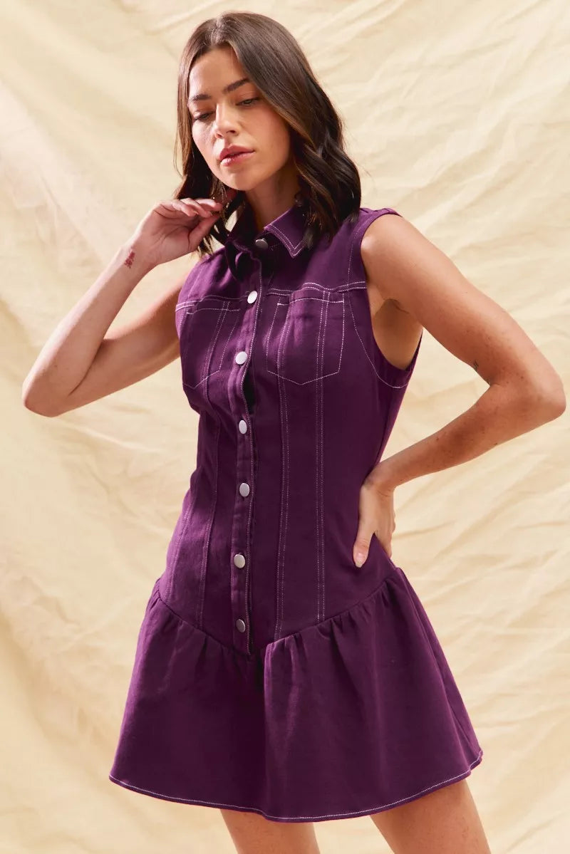 Button Down Sleeveless Collared Game Day Mini Dress - Purple - product view 7