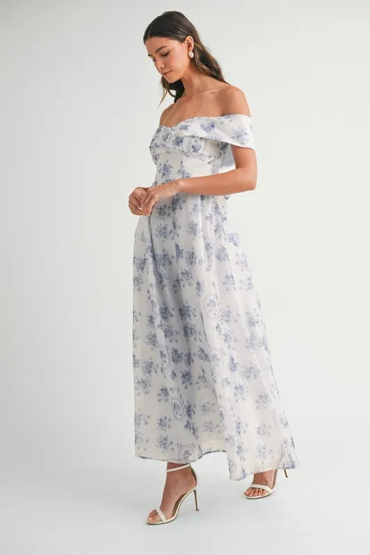 Floral Printed Off Shoulder Maxi Dress in Blue - product view 7