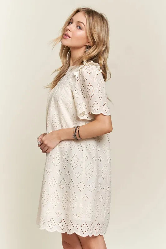 Ruffled Eyelet Round Neck Dress in Natural - product view 5