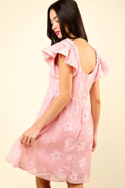 Flower Embroidered Organza Mini Dress in Pink - product view 3