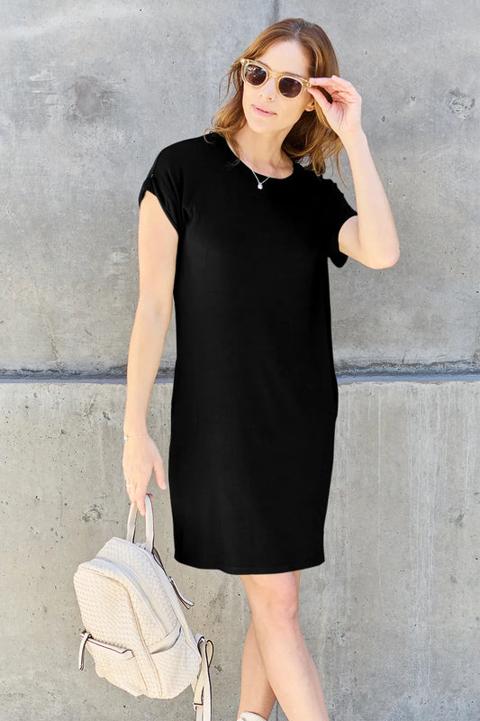 Bamboo Full Size Round Neck Short Sleeve Dress with Pockets in Black - product view 1