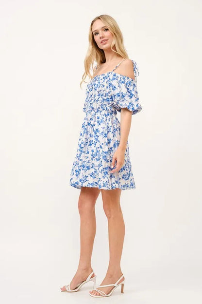 Off Shoulder Bubble Sleeve Dress in White Blue - product view 6