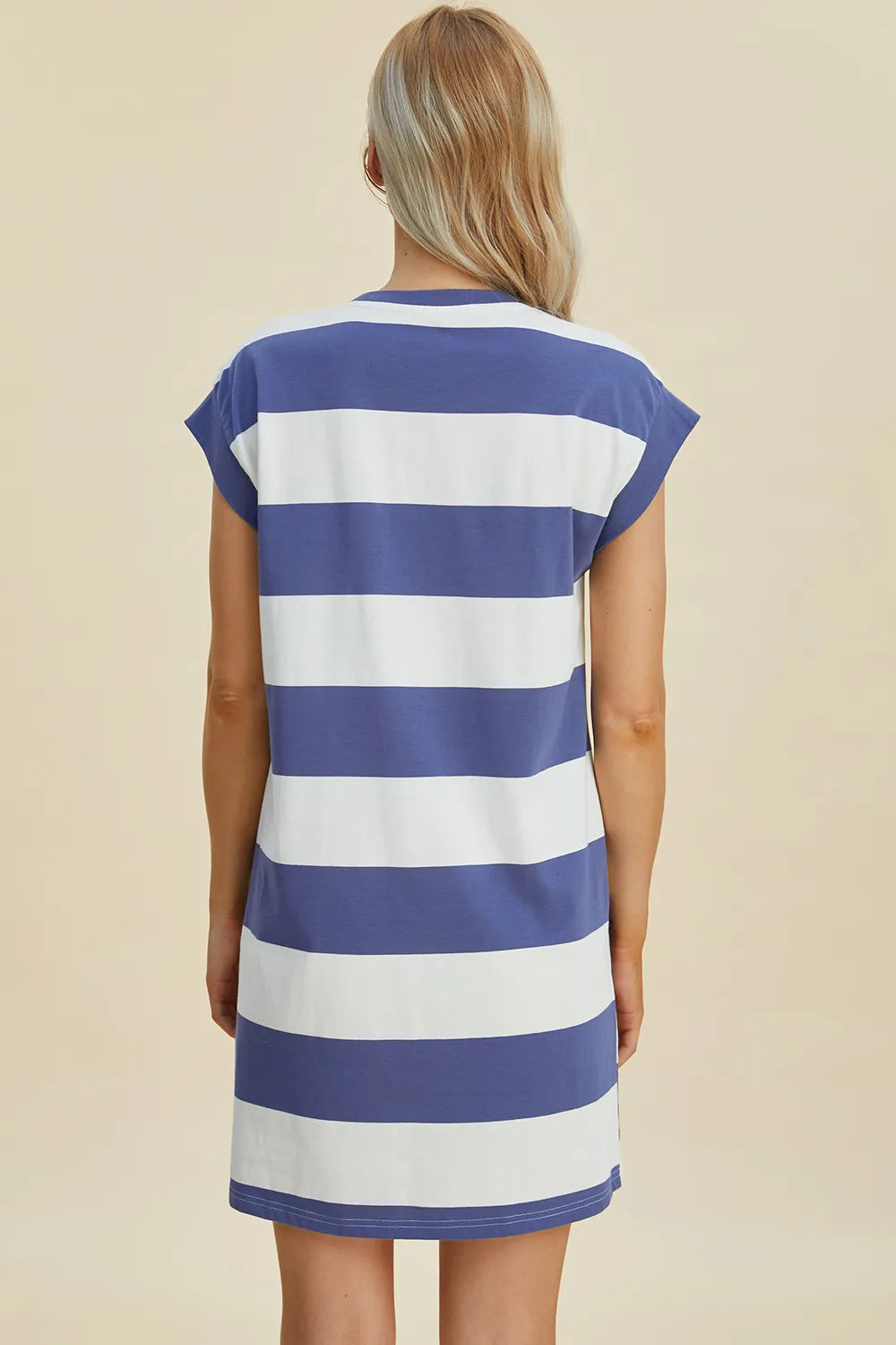 Full Size Striped Round Neck Cap Sleeve Mini Dress in Black, Camel and Dusty Blue - product view 17