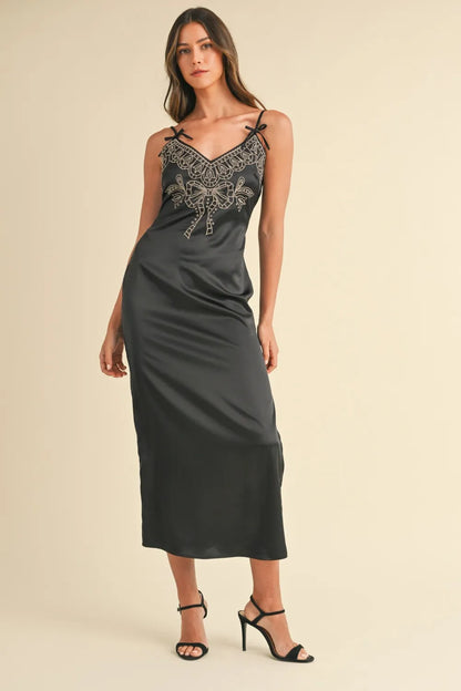 Embroidered Cami Satin Midi Slit Dress in Black - product view 1