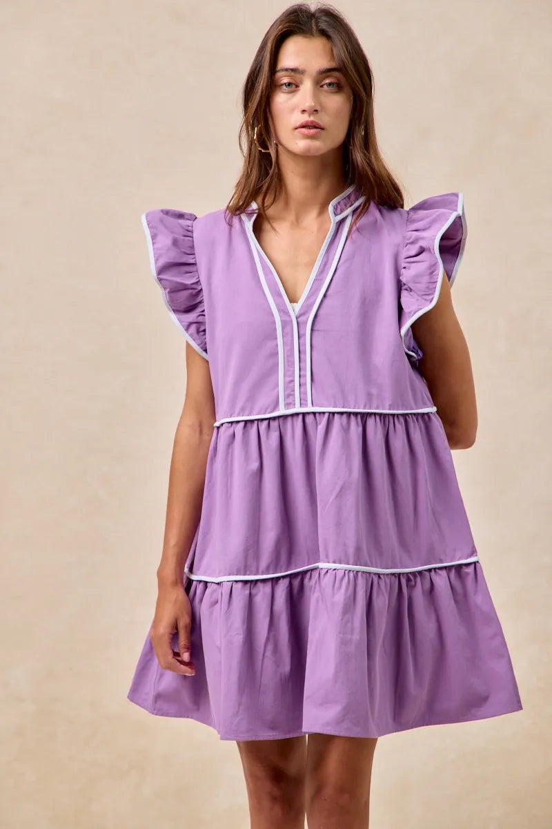 Gameday Theme Contrast Binding Ruffled Dress - Purple - product view 2
