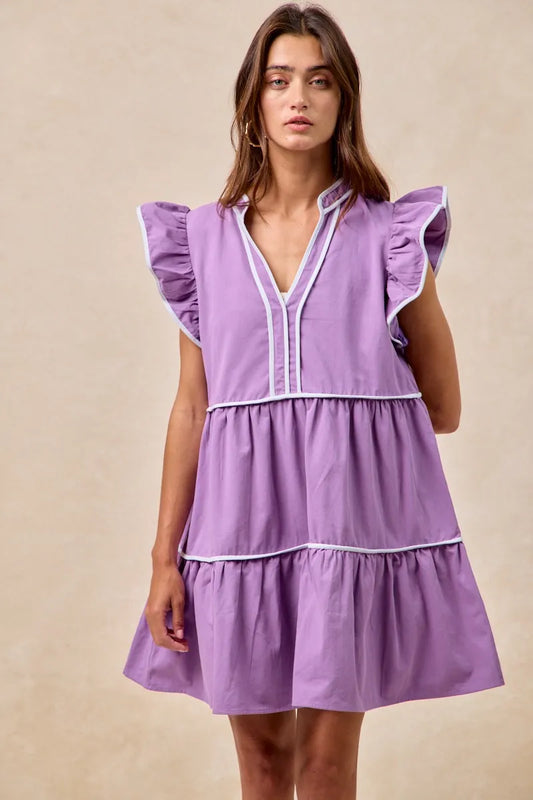 Gameday Theme Contrast Binding Ruffled Dress - Purple - product view 2