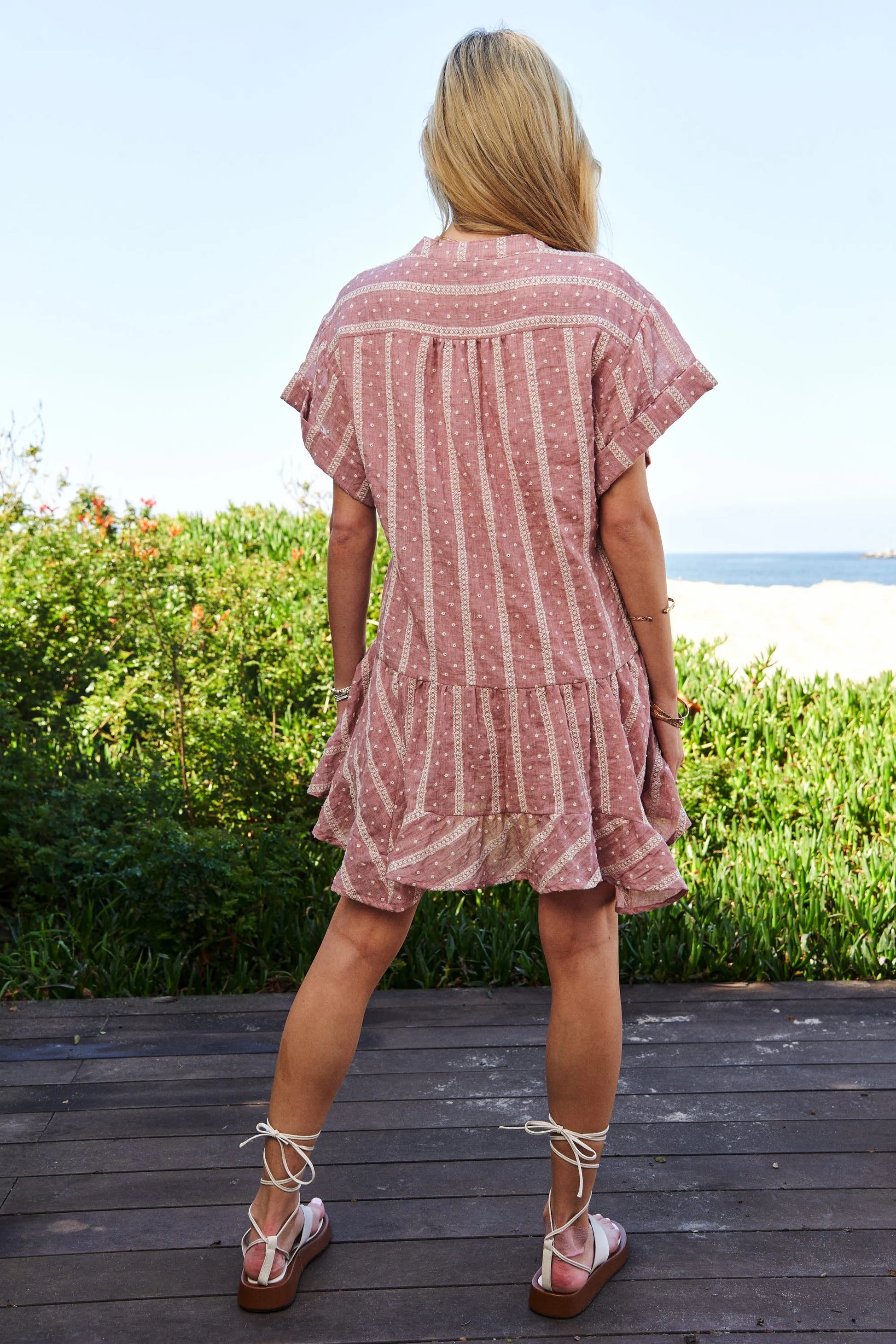 Embroidery V Neck Short Sleeve Ruffled Mini Dress in French Mauve - product view 8