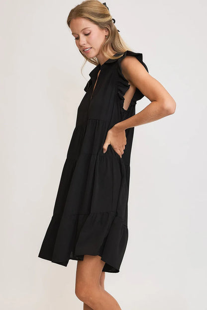 Full Size Johnny Collar Ruffle Cap Sleeve Tiered Dress Plus Size - Black - Umgee USA - Style 81963 - product view 3