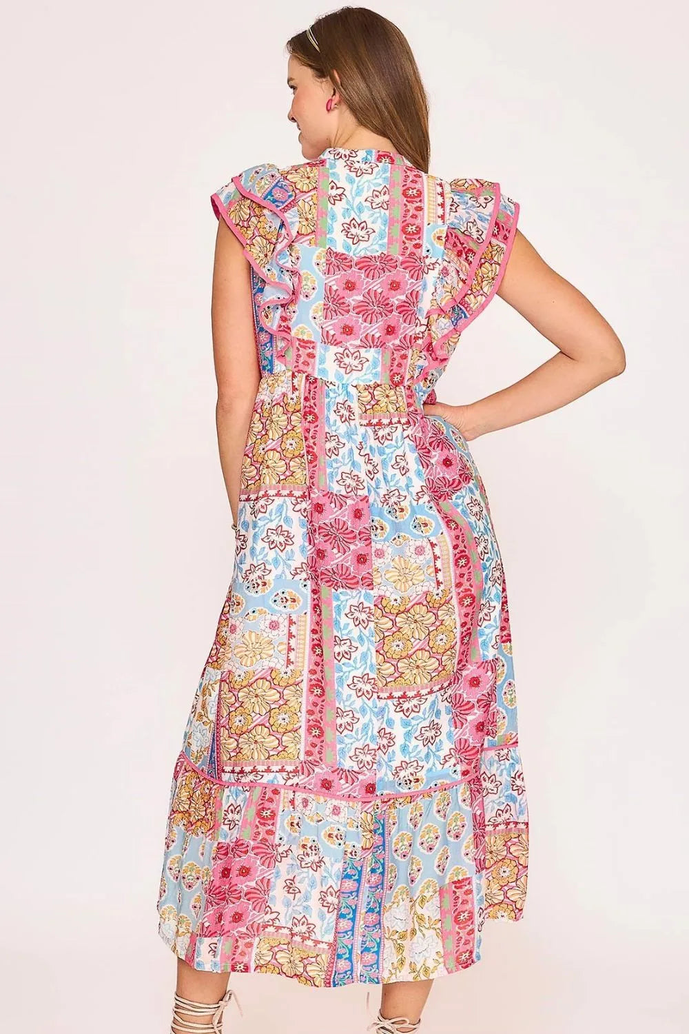 Full Size Tie Neck Double Layered Ruffle Sleeve Midi Dress Plus Size in Pink Mix - product view 3