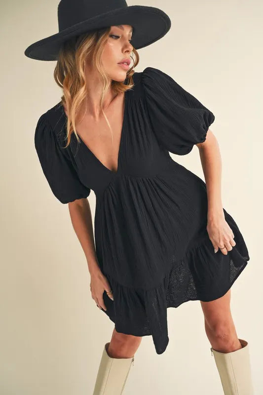 Tied Back Ruffled Short Sleeve Mini Dress - Black - product view 2