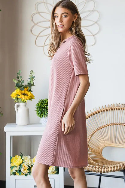 Full Size Solid Ribbed Mini Dress with Button Plus Size in Rose - product view 10