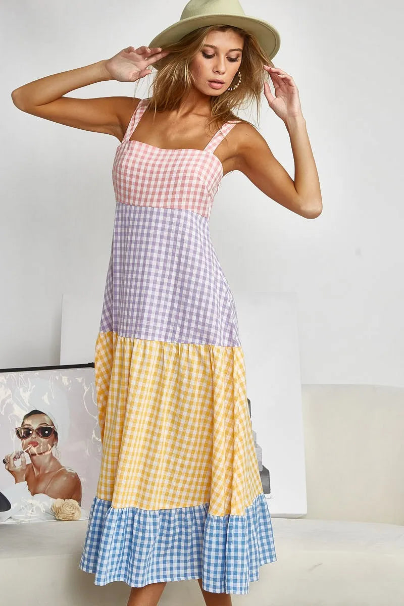 Color Block Tiered Gingham Dress in Yello/Sage/Blue/Purp - product view 10