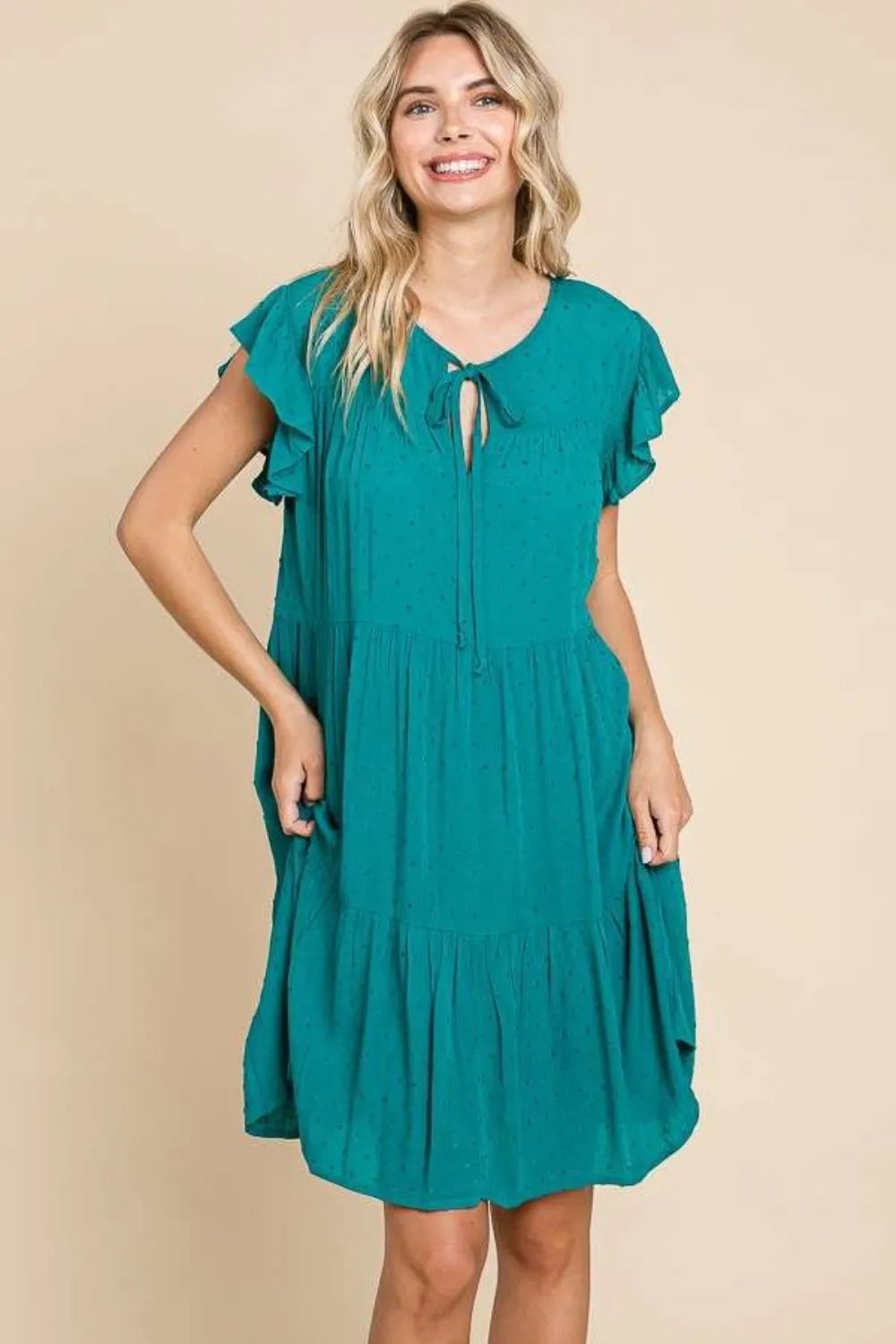 Ruffle Cap Sleeve Tiered Dress in Lotus Green - product view 4