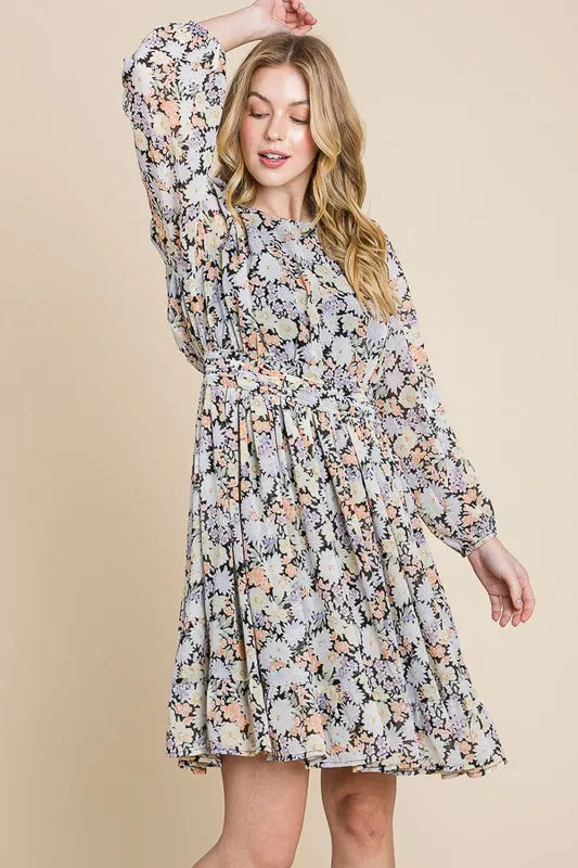 Chiffon Floral Print Belted Dress with Back Zipper - Black Floral - product view 3