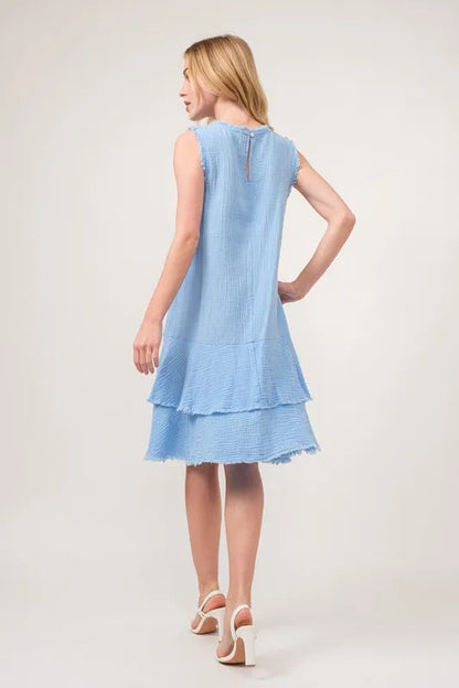 Washed Fringe Detail Tiered Dress in Baby Blue - product view 7