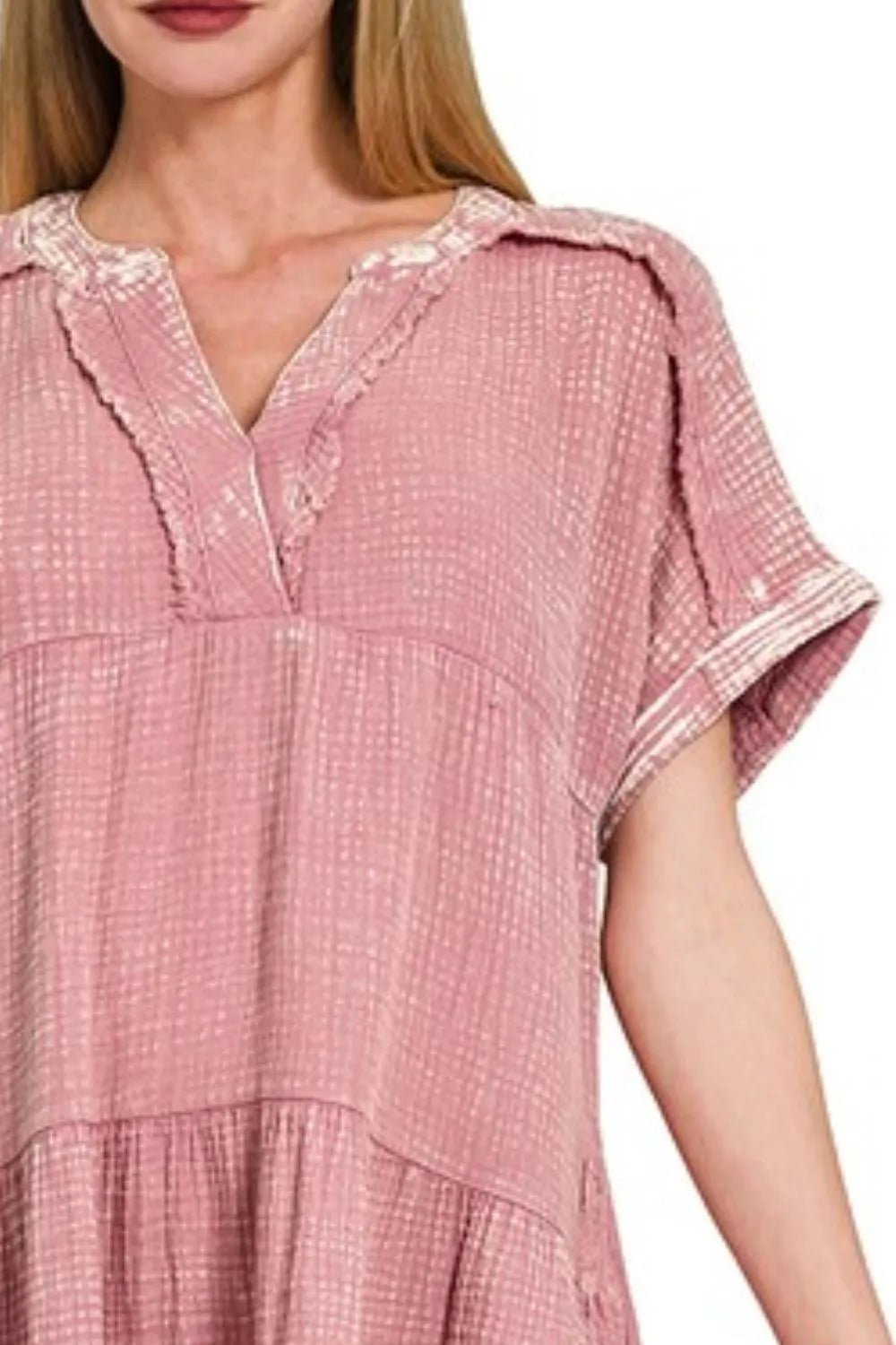 Washed Double Gauze Raw Edge V-Neck Dress in Lt Rose - product view 2