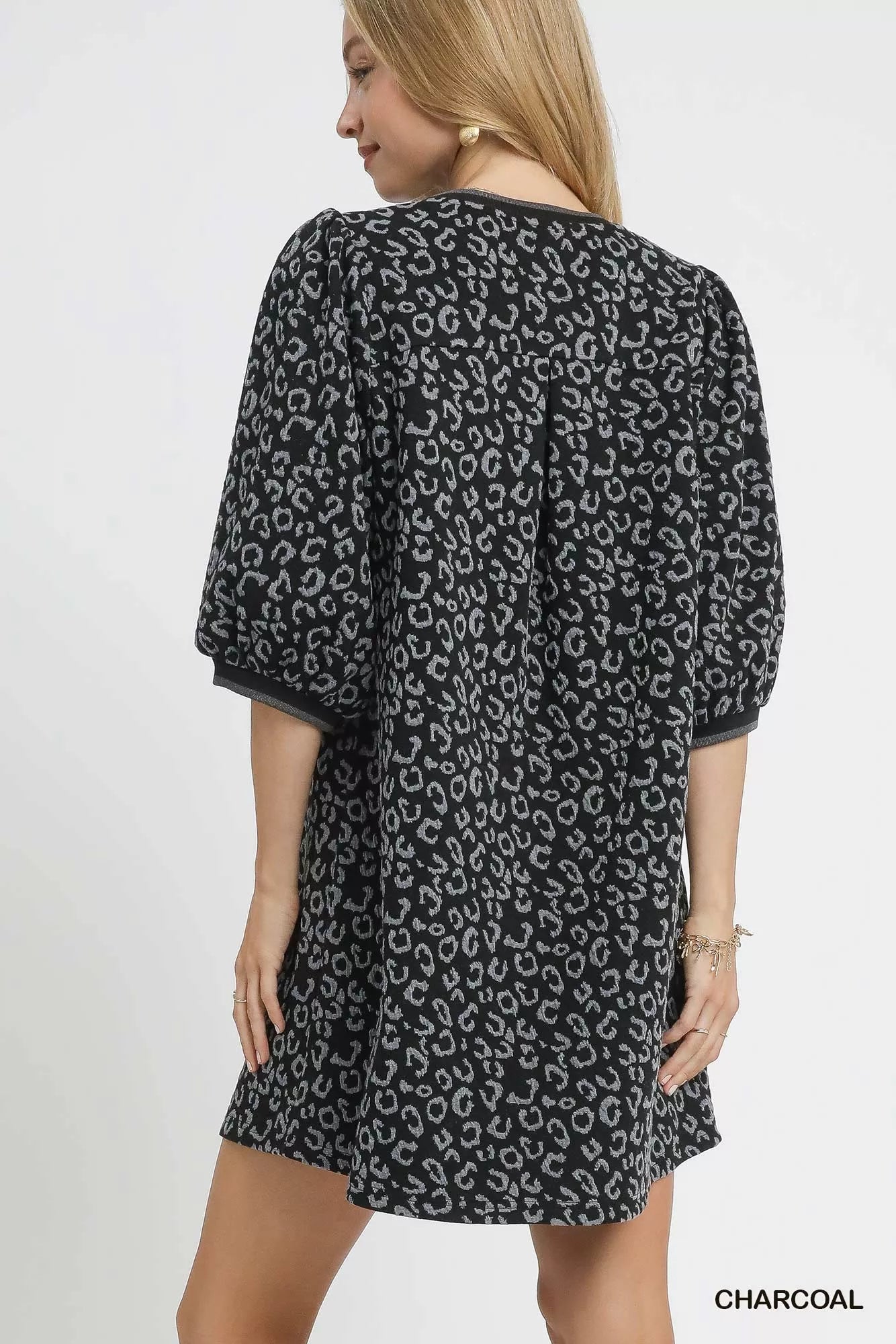 Leopard Print Jacquard Mini Dress in Charcoal - product view 4