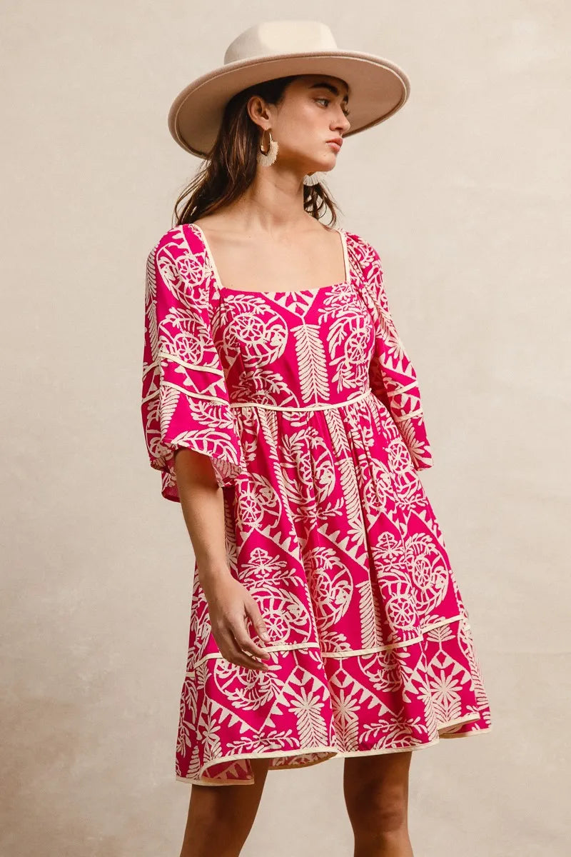 Aztec Woven Printed Contrast Binding Dress in Fuchsia - product view 3
