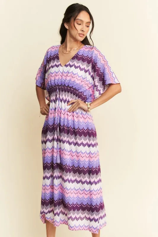 Multi Color Wavy Tie Waist Flowy Sleeve Dress - Lilac Multi - product view 6