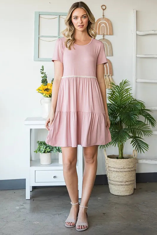 Full Size Solid Mini Tiered Dress with Pompom Lace Plus Size in Dusty Rose - product view 10