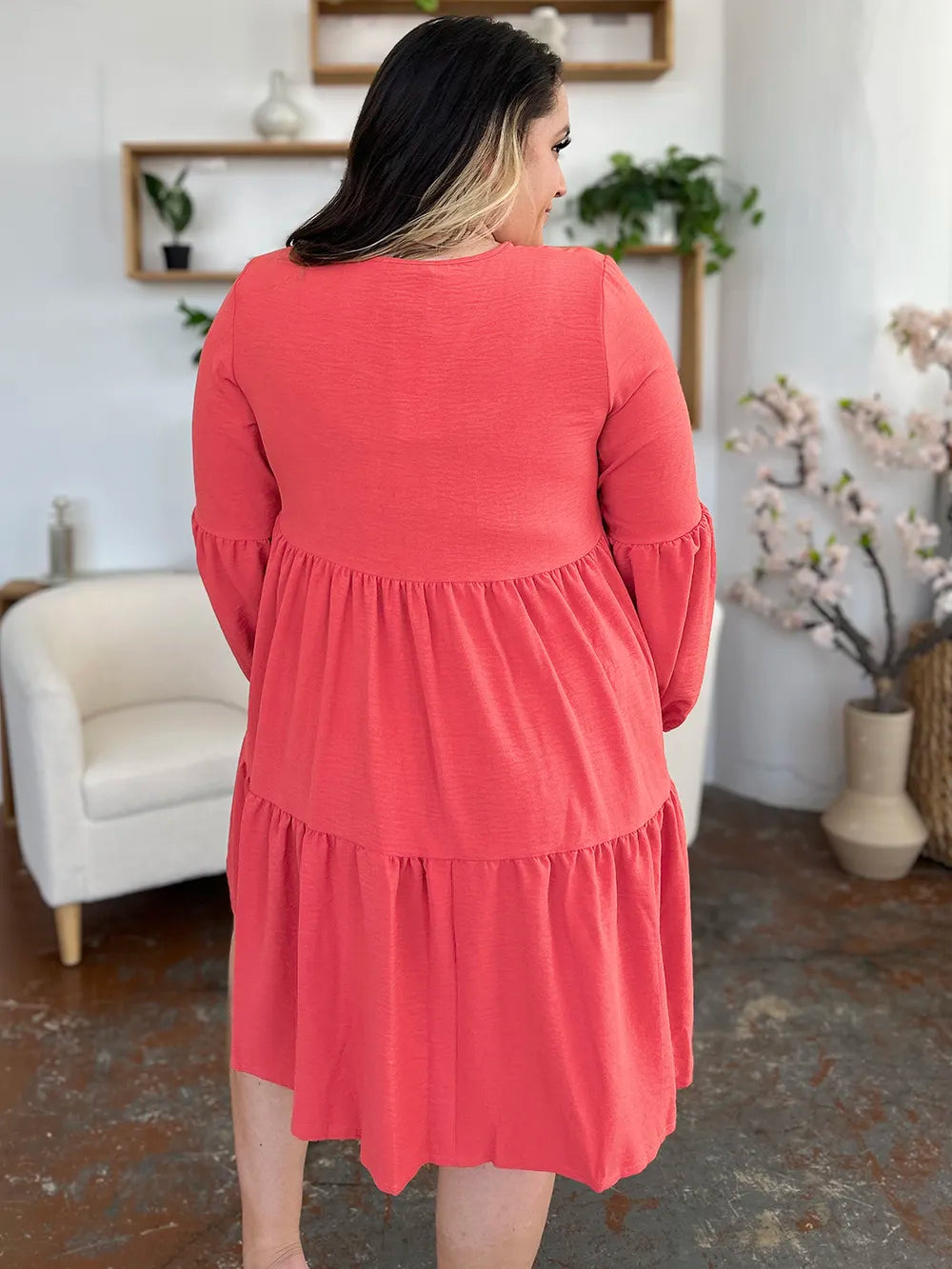 Full Size V-Neck Balloon Sleeve Tiered Dress with Pockets in Light Green, Pink and more - product view 14