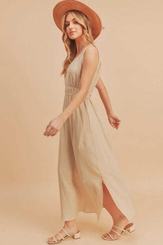 Side Slit Round Neck Sleeveless Tank Dress - Oatmeal - product view 2