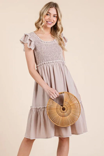 Ruffle Trim Smocked Dress with Contrast in Taupe - product view 9