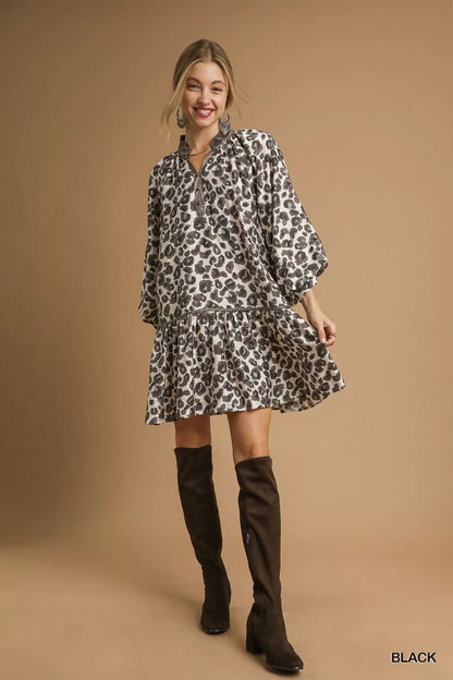 Leopard Print Tiered Mini Dress - Black - product view 4
