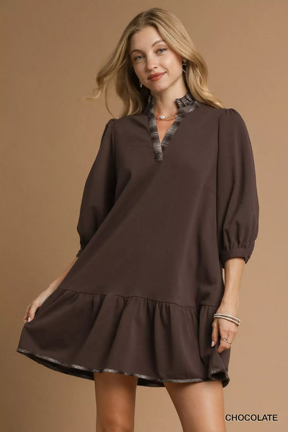 French Terry Ruffle Hem Dress with Plaid Trim - Chocolate - product view 1