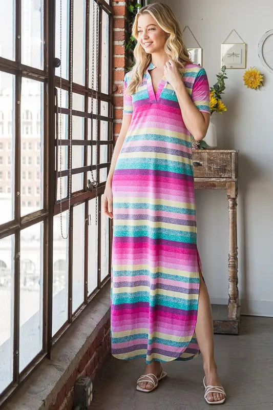Full Size Striped Short Sleeve Maxi Tee Dress Plus Size in Pink Multi - product view 7