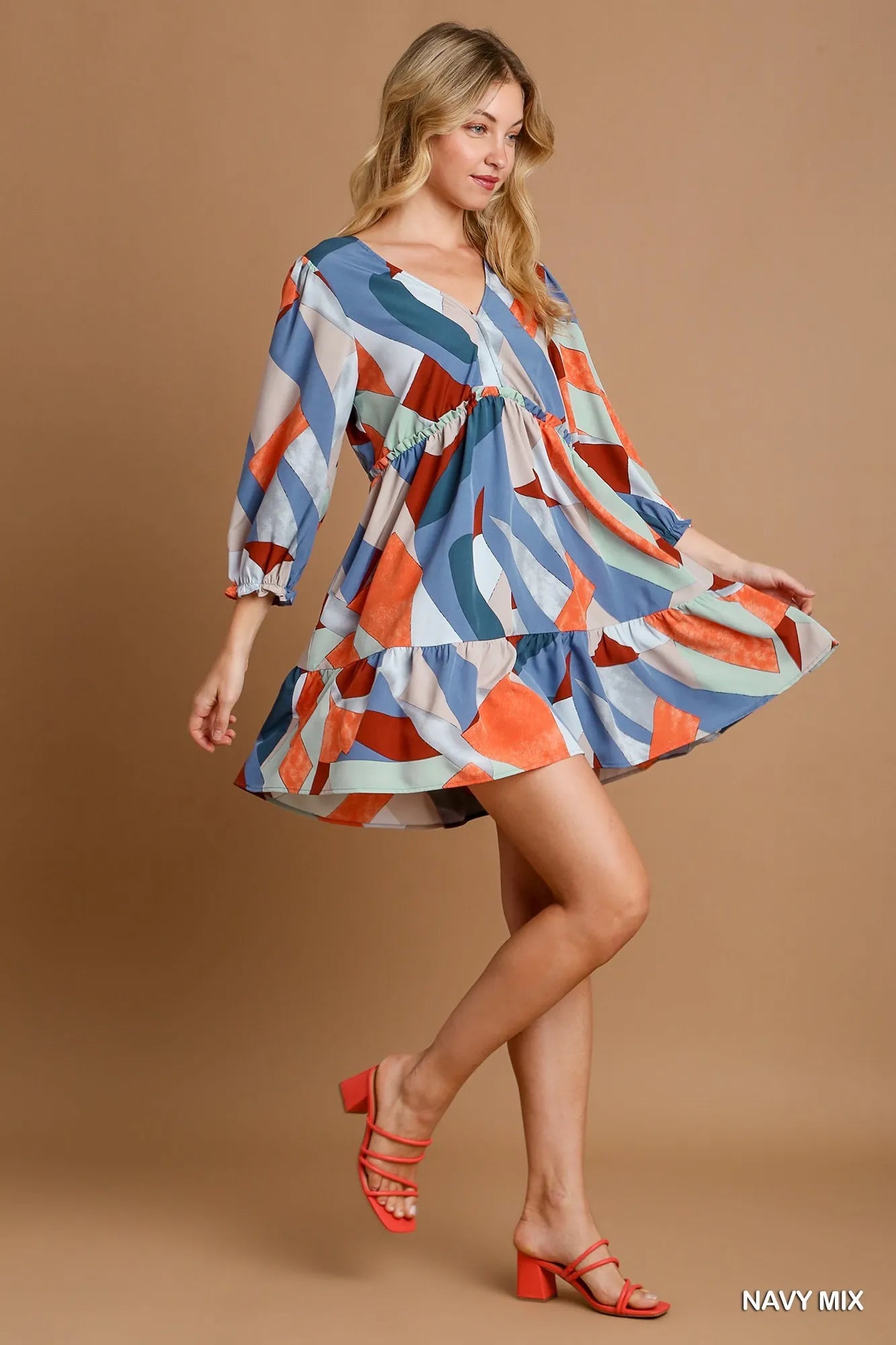Abstract V-Neck Tiered Printed Dress - Navy Mix - product view 3