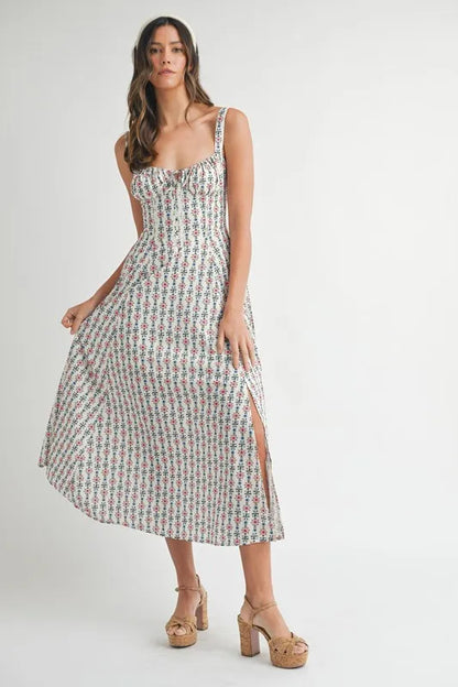 Floral Print Bustier Back Lace Up Midi Dress - Cream - product view 4