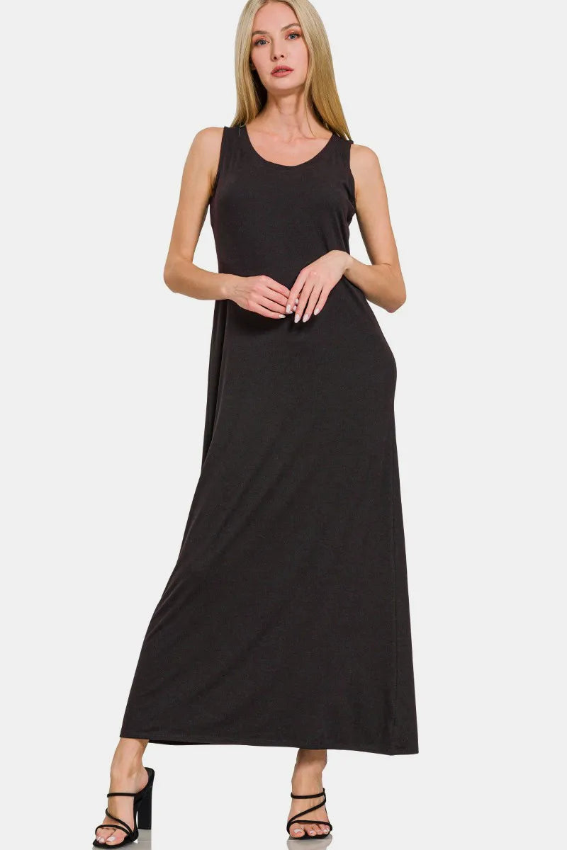 Scoop Neck Wide Strap Tank Dress - Black - product view 1