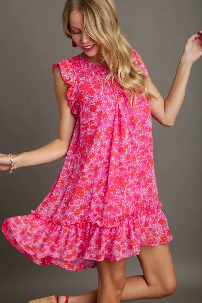 Full Size Smocked Detail Floral Metallic Ruffle Cap Sleeve Dress Plus Size - Hot Pink - product view 3