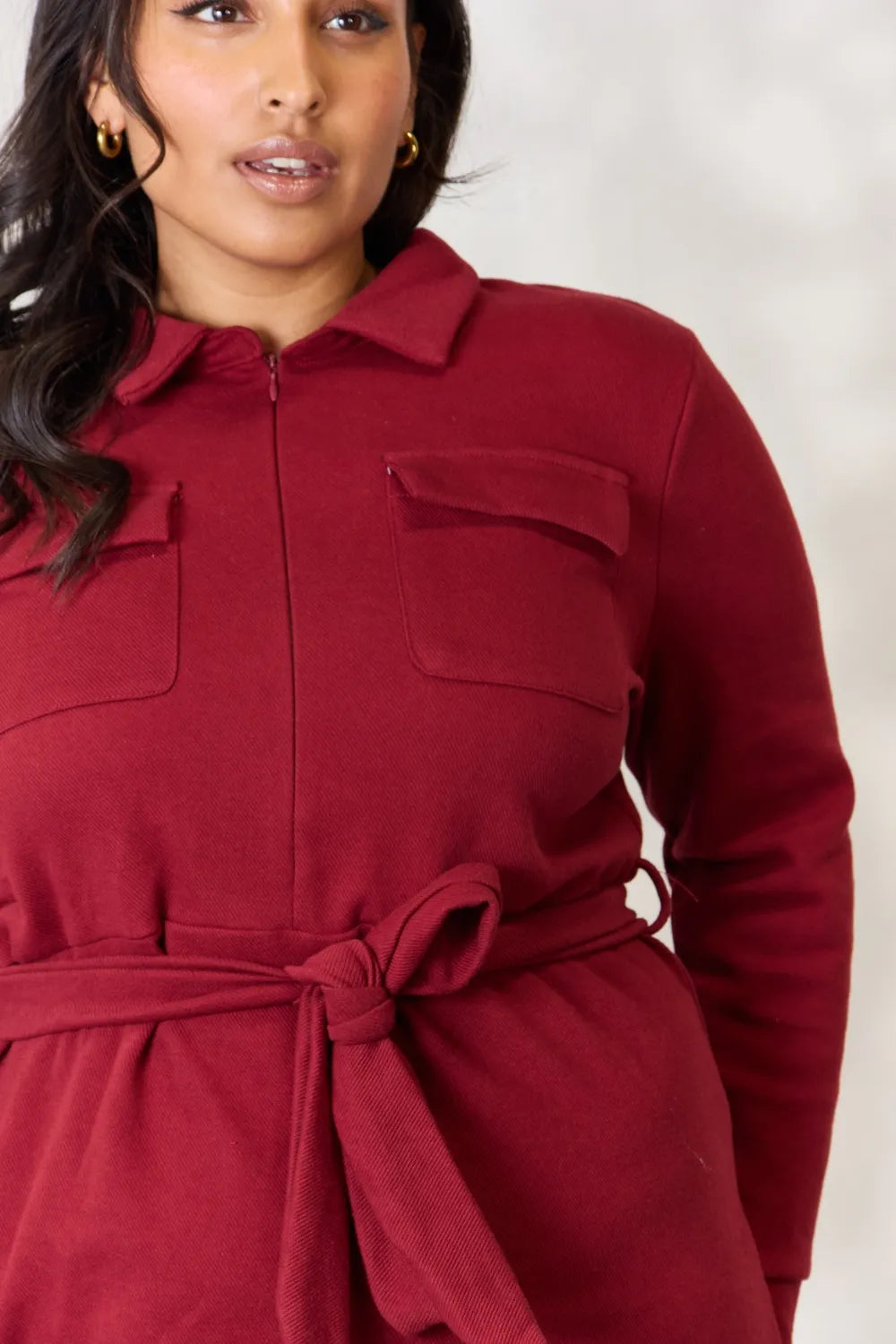 Full Size Tie Front Half Zip Long Sleeve Shirt Dress in Burgundy - product view 6