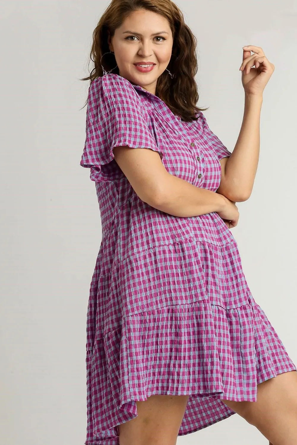 Full Size Gingham Tiered Button Detail Short Sleeve Dress Plus Size - Red-Violet - product view 5