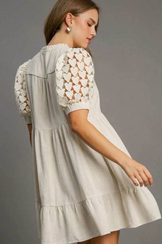 Full Size Ruffled Hem Heart Lace Sleeve Tie Neck Dress Plus Size in Oatmeal - product view 2