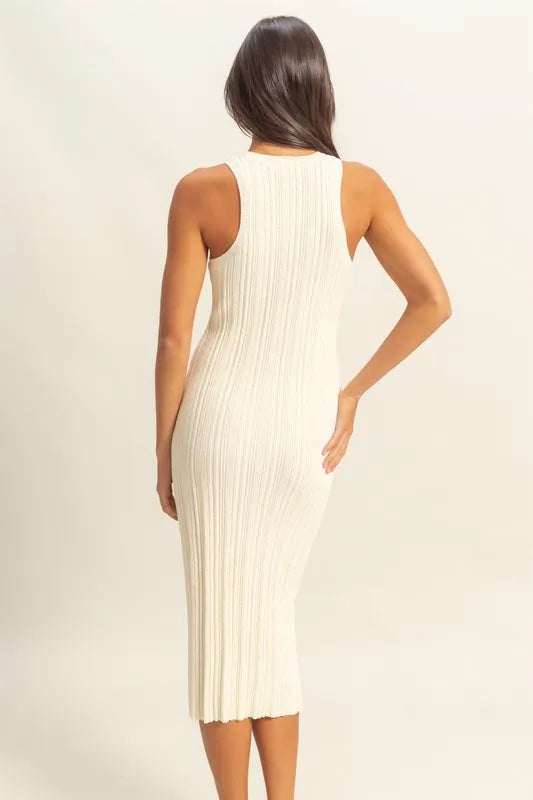 Round Neck Bodycon Ribbed Knit Dress - White - product view 3