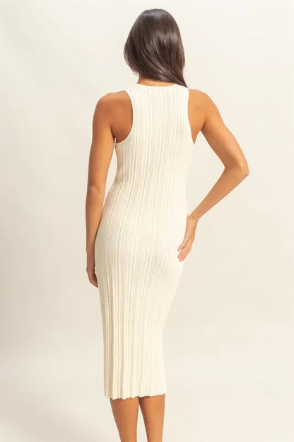 Round Neck Bodycon Ribbed Knit Dress - White - product view 3