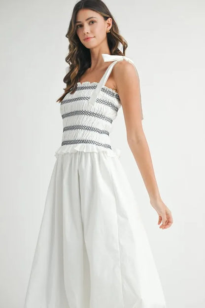 Smocked Bodice Bubble Midi Dress in Off White - product view 11
