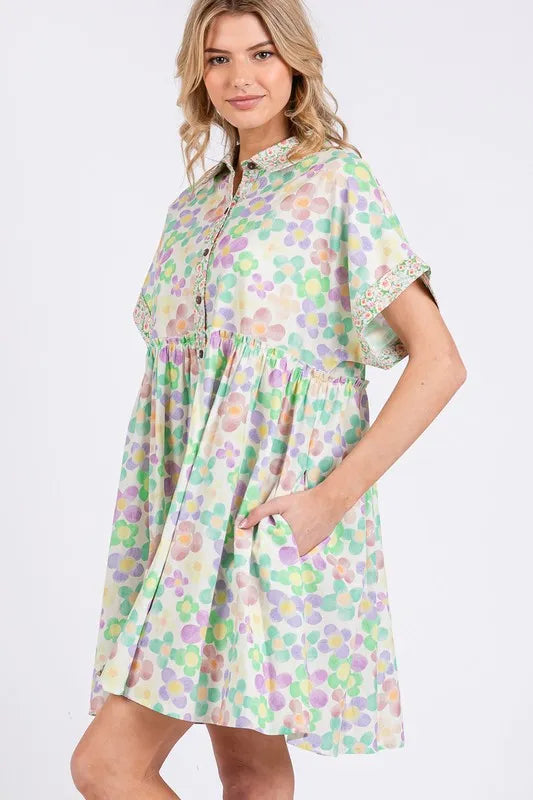 Floral Babydoll Short Sleeves Dress in Gum Leaf - product view 6