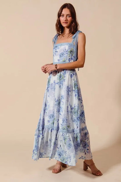 Floral Print Flowy Maxi Dress with Lace Ribbon Tie in Off White/Blue - product view 6